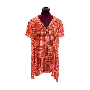 NWT Nine West Orange Honey Comb Plaid Oversized Blouse